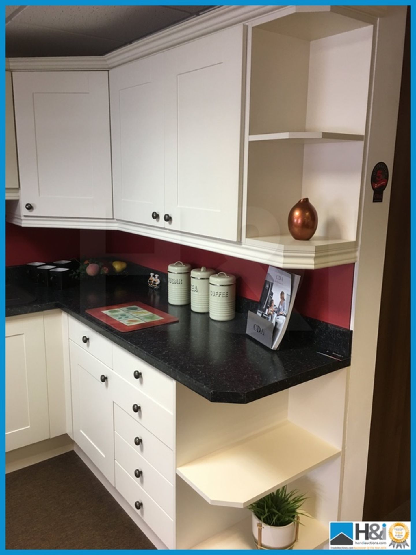 Beautiful white display kitchen compete with dark marble effect worktop, matching dark 1.5 bowl - Image 2 of 15
