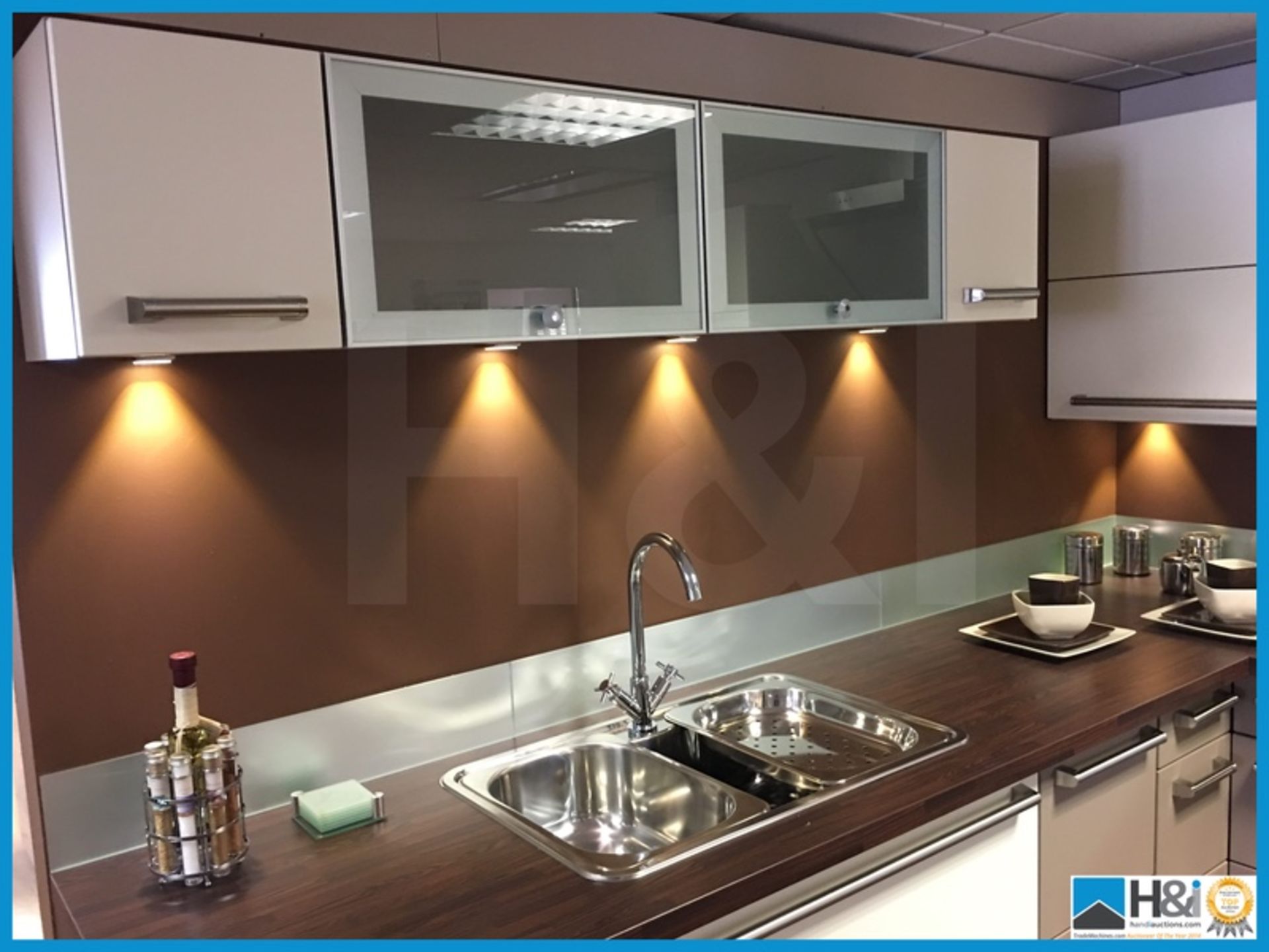 Beautiful contemporary display kitchen compete with dark walnut effect worktop and multi purpose - Image 3 of 21