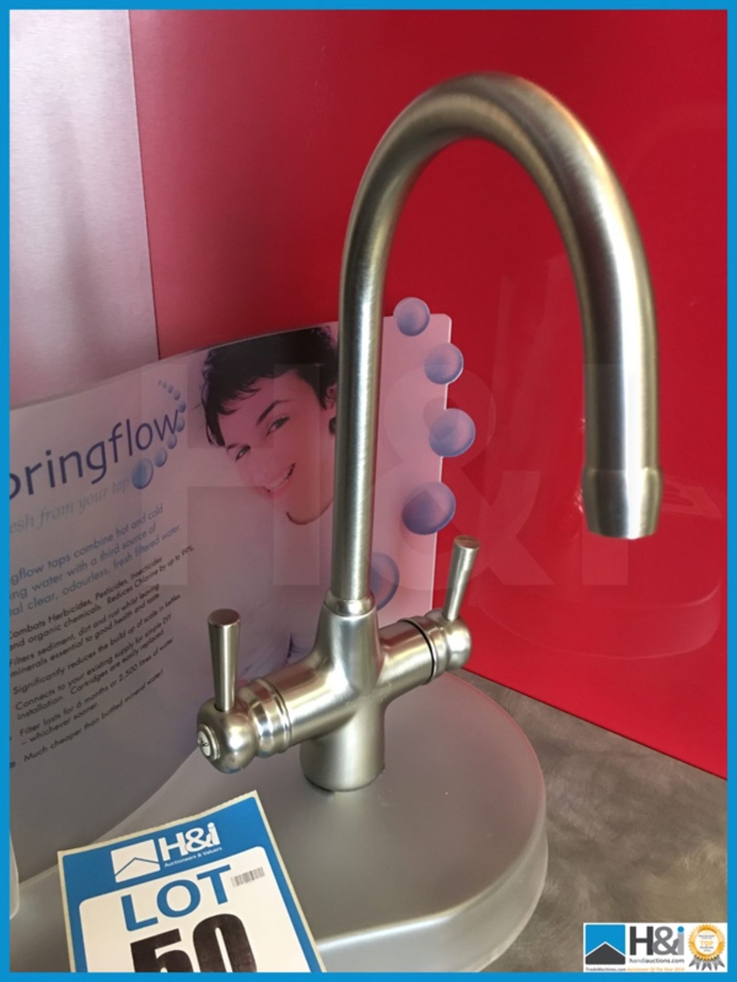 Springflow display comprising brushed nickel kitchen tap and filter. Appraisal: Excellent Serial No: - Image 2 of 2