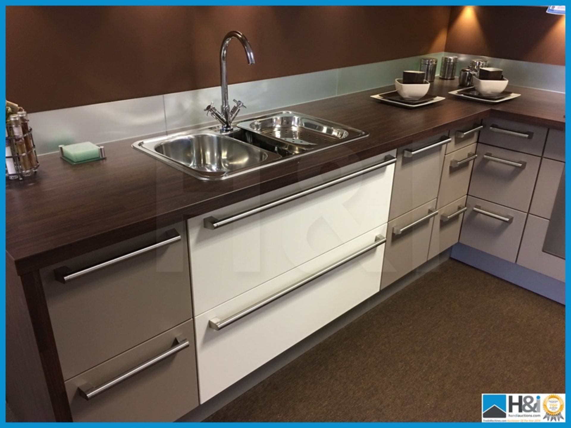 Beautiful contemporary display kitchen compete with dark walnut effect worktop and multi purpose - Image 2 of 21