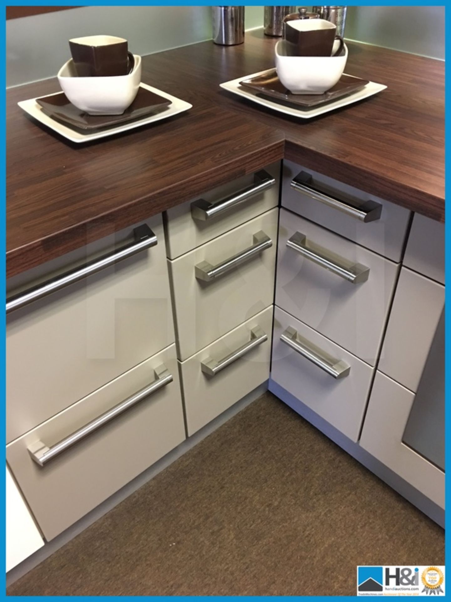 Beautiful contemporary display kitchen compete with dark walnut effect worktop and multi purpose - Image 10 of 21