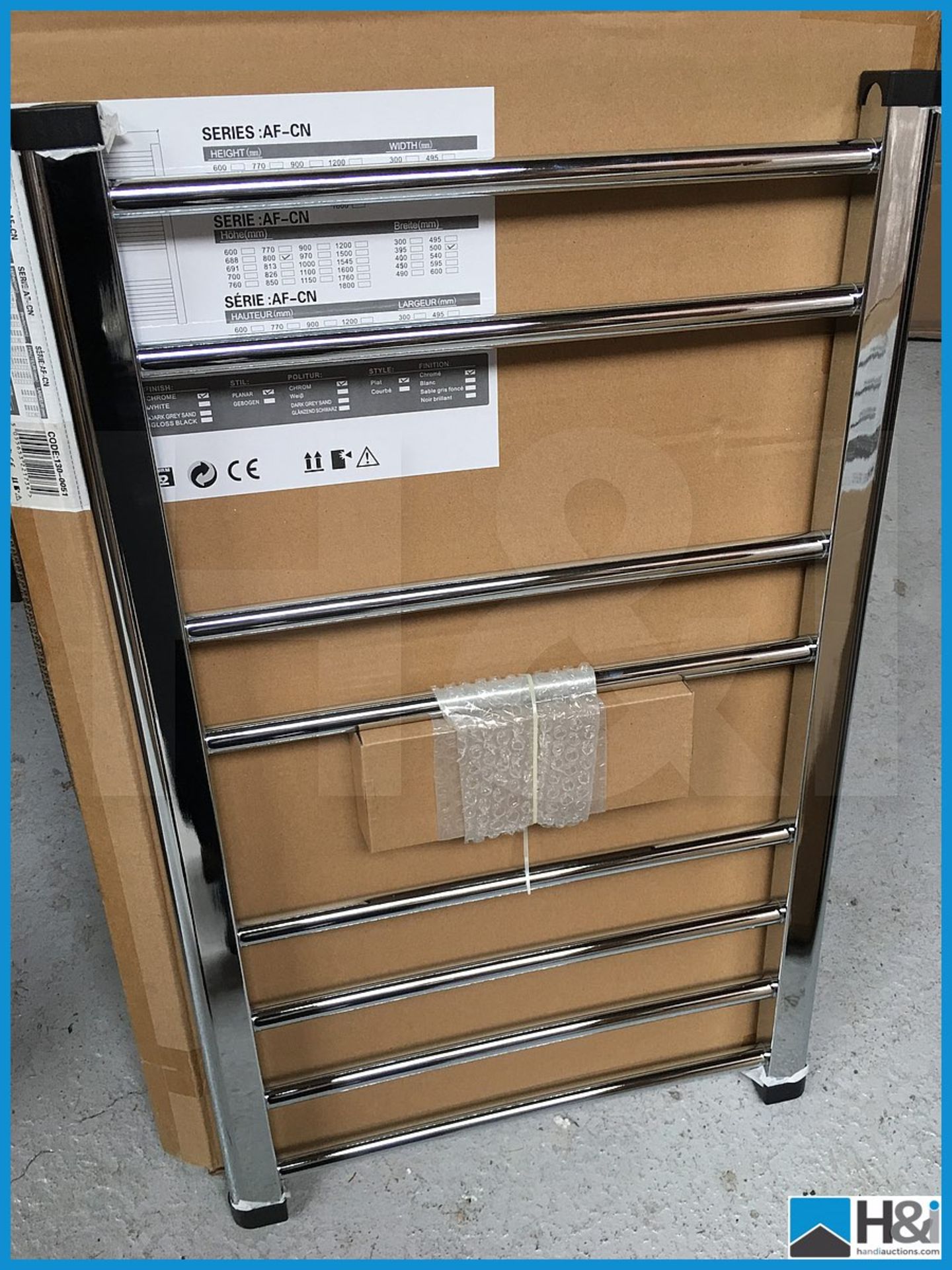 Designer polished chrome heated towel rail. 800x500. New and boxed. Suggested manufacturers