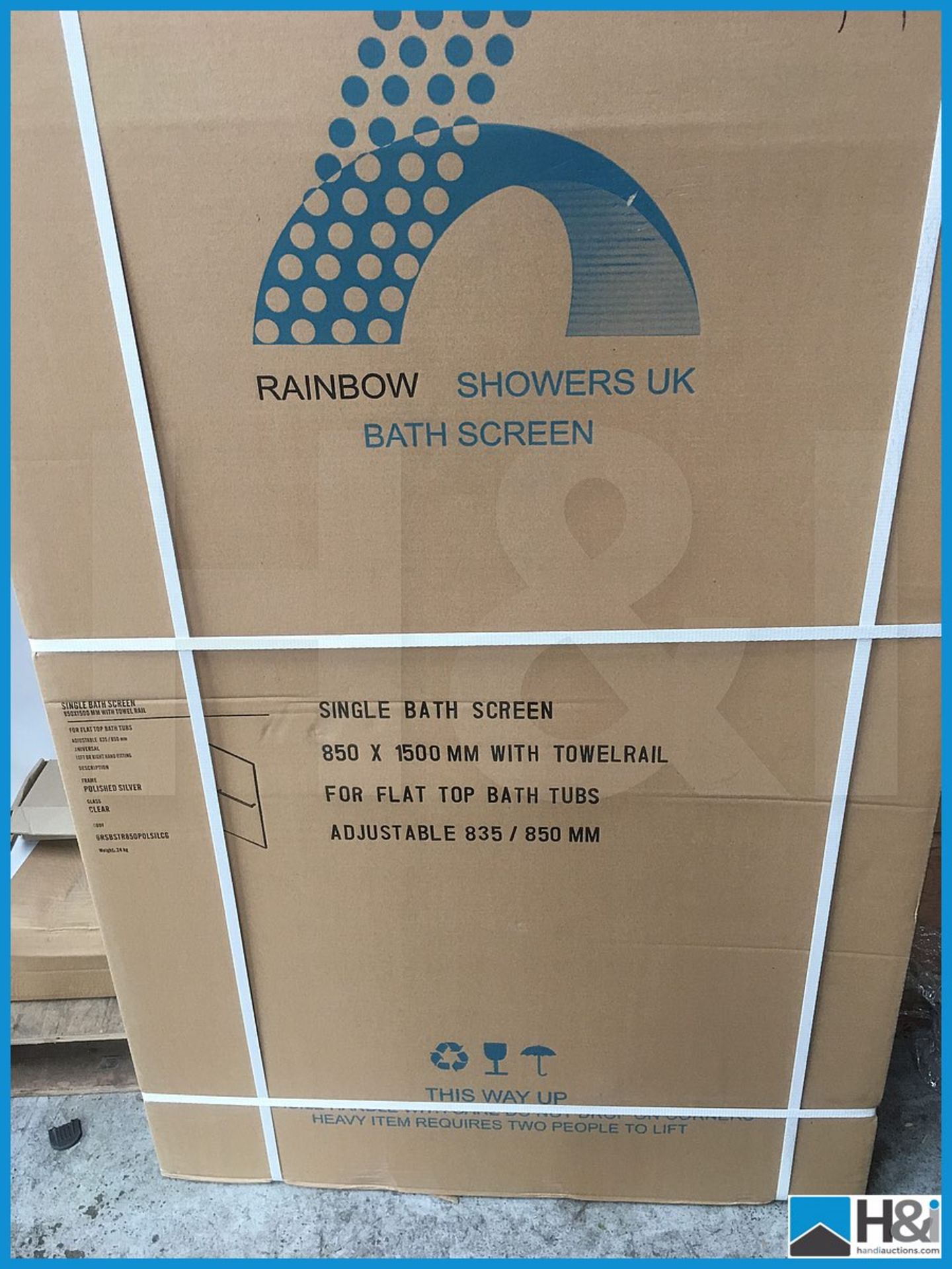 Designer Rainbow shower screen 850x1500 with towel rail for flat top baths. New and boxed. Suggested