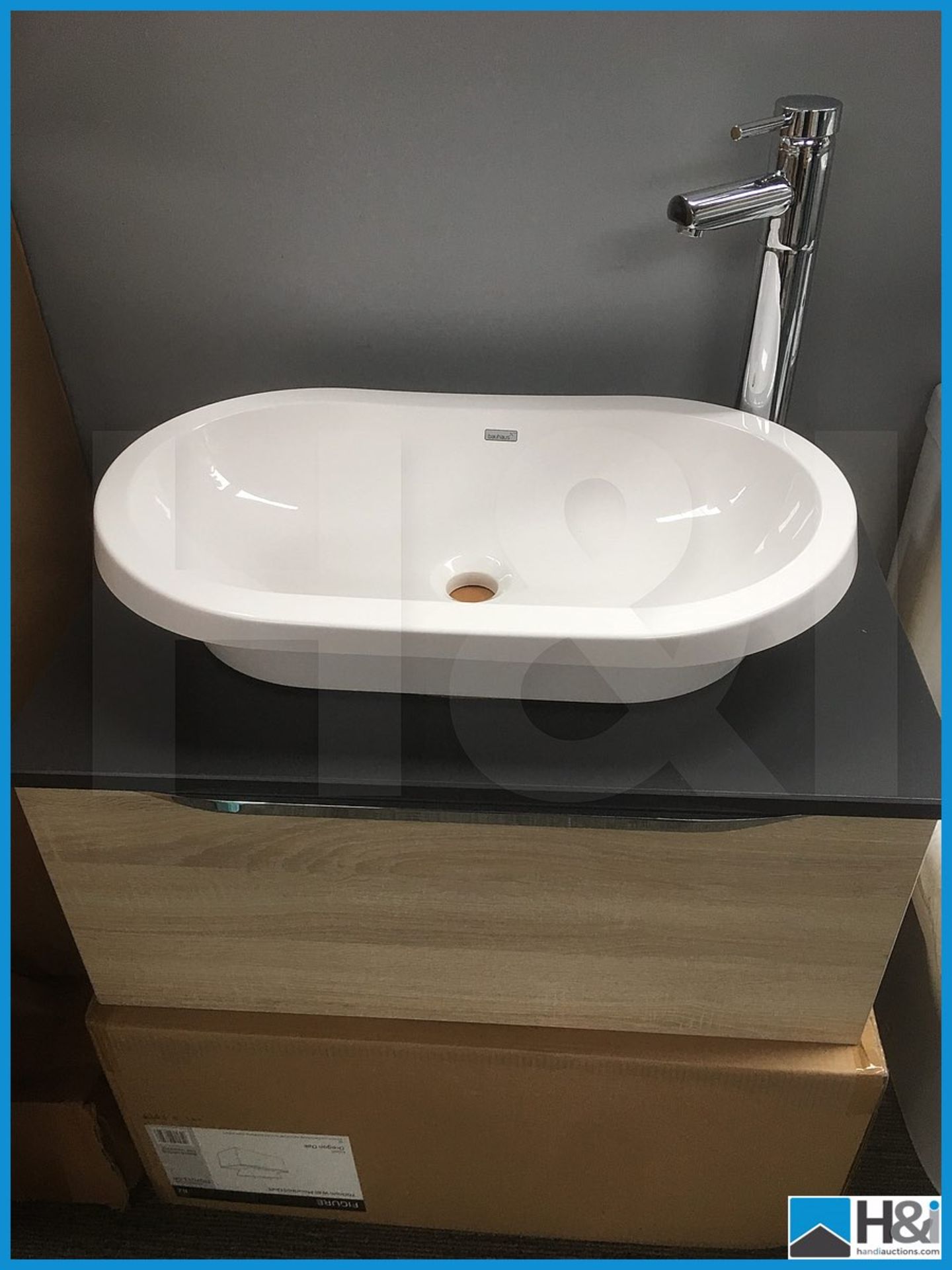 Magnificent wall hung vanity unit finished in Oregon Oak with slate composite worktop, Bauhaus - Image 2 of 7