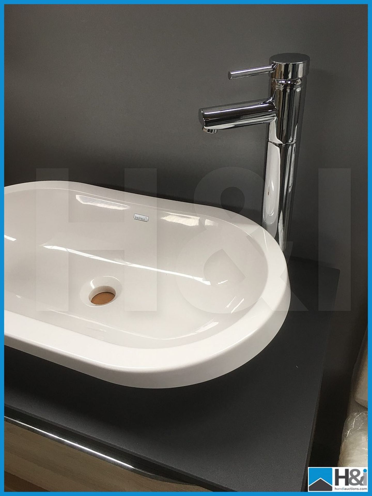 Magnificent wall hung vanity unit finished in Oregon Oak with slate composite worktop, Bauhaus - Image 3 of 7