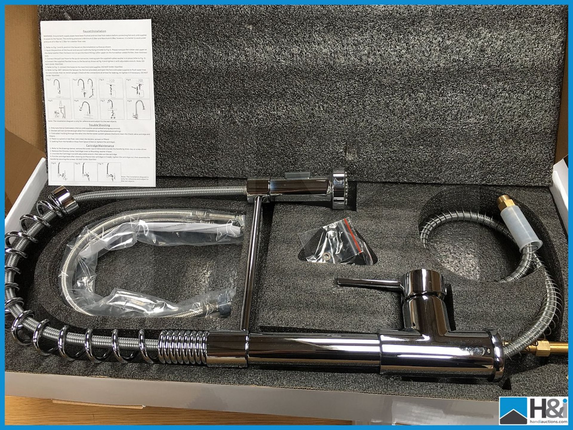 Designer polished chrome finish sprung neck pull down mono kitchen mixer. New and boxed. Suggested