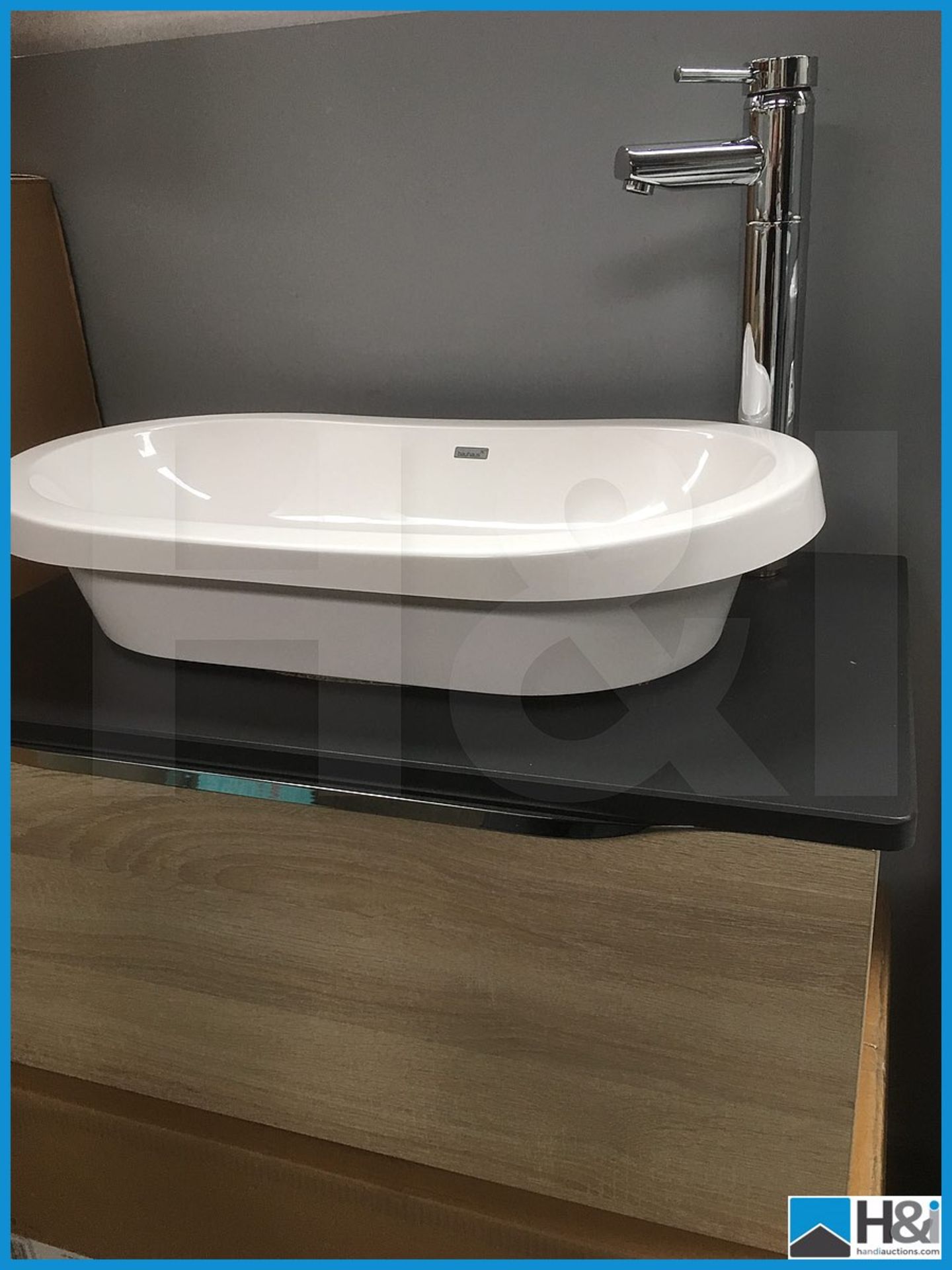 Magnificent wall hung vanity unit finished in Oregon Oak with slate composite worktop, Bauhaus - Image 6 of 7