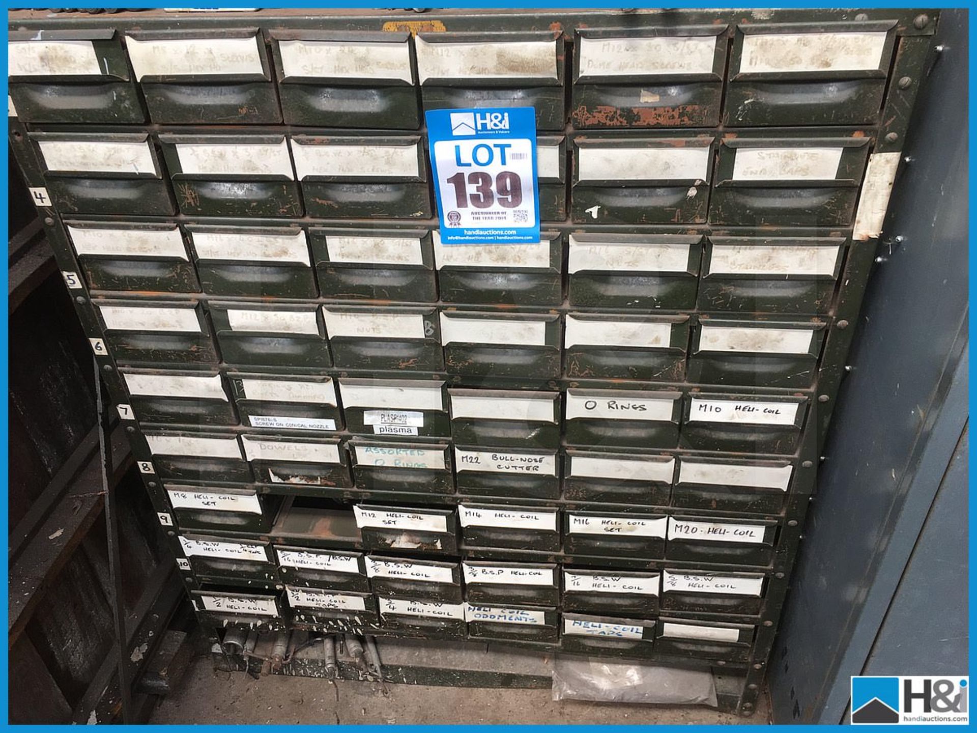 Job lot of industrial component drawers including contents, helicoils etc. Excludes contents to