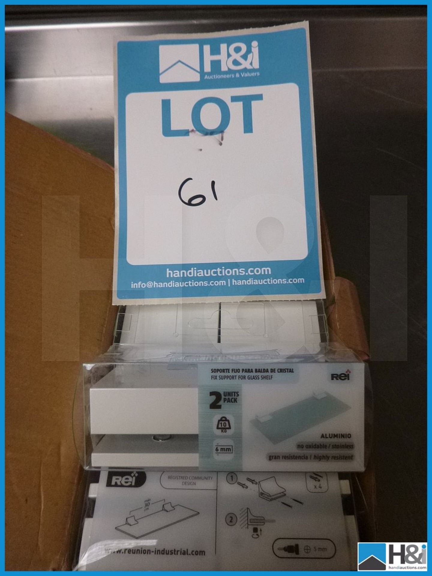 5 Off - Glass Shelf Support Brackets Appraisal: Viewing Essential Serial No: NA Location: H&I, Delph