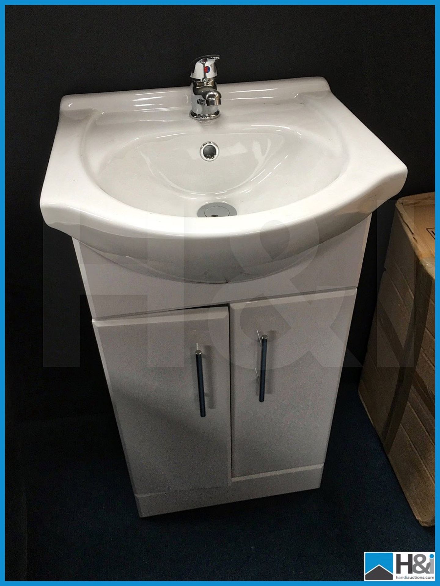 Designer gloss white floor standing vanity unit 450 wide with ceramic basin and designer polished