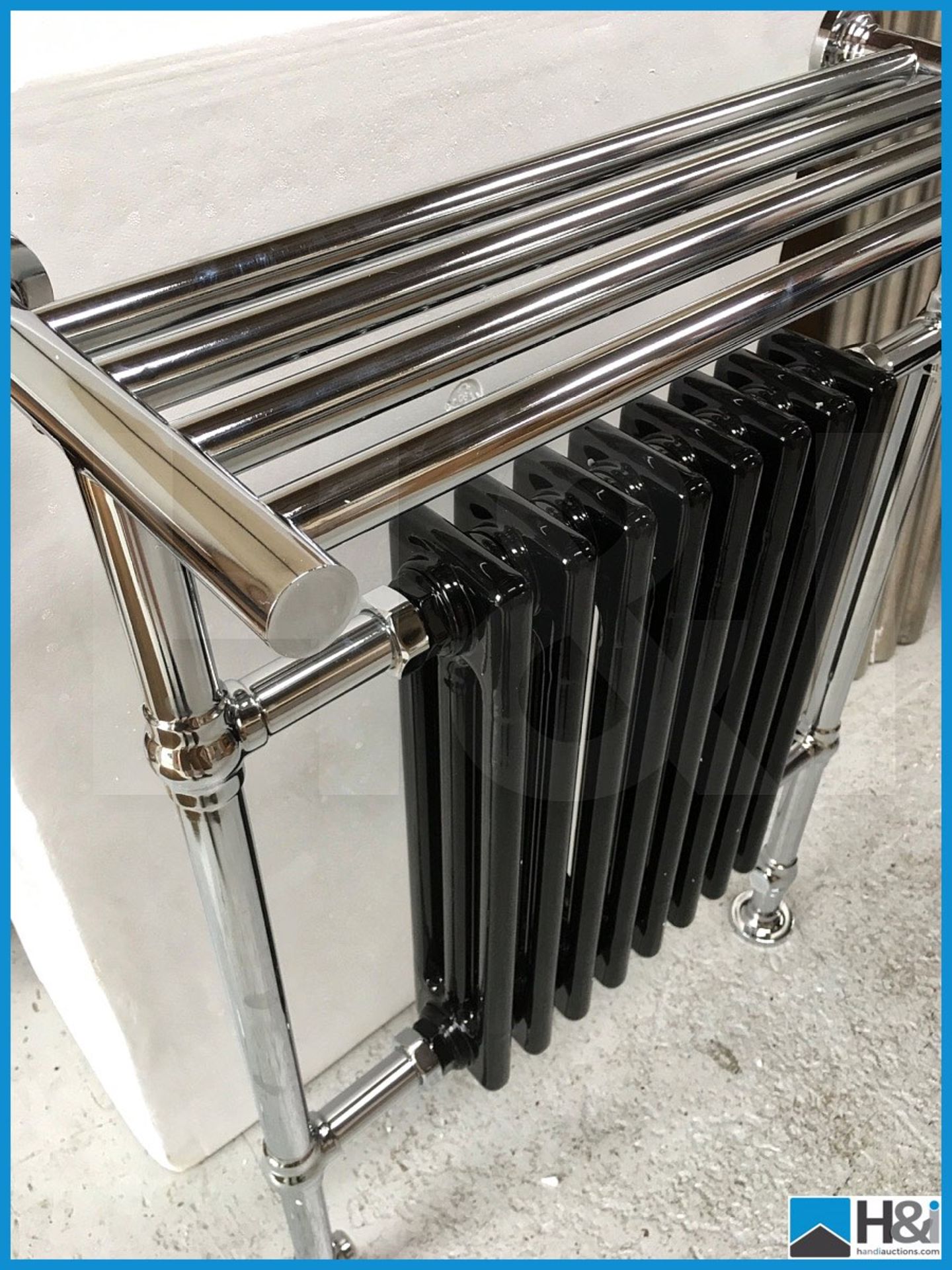 Designer centre column black traditional radiator with polished chrome rails. New and boxed. - Image 2 of 6