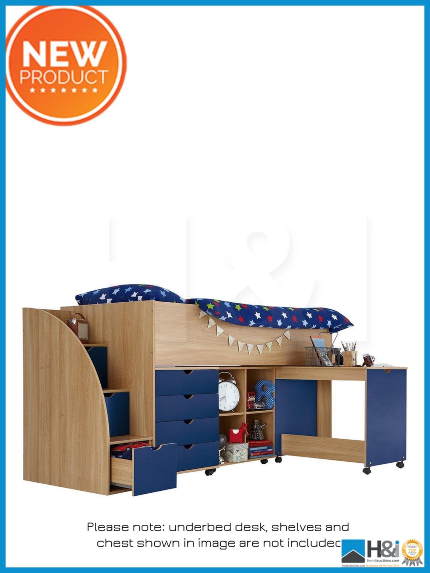 NEW IN BOX KIDSPACE MILO SINGLE 3DRAWER STORAGE MID SLEEPER [OAK/BLUE] 117 x 96 x 231cm RRP £454