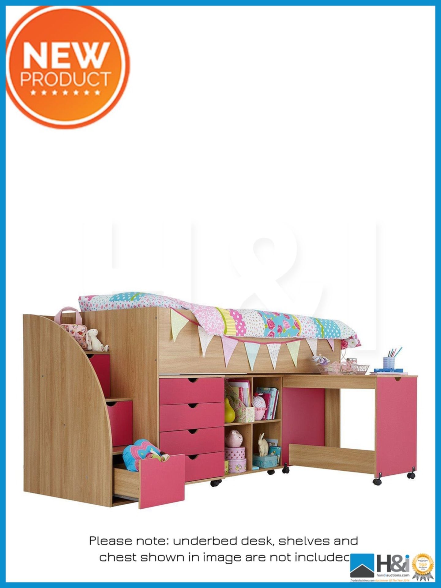 NEW IN BOX KIDSPACE MILO SINGLE 3DRAWER STORAGE MID SLEEPER [OAK/PINK] 117 x 96 x 231cm RRP £454