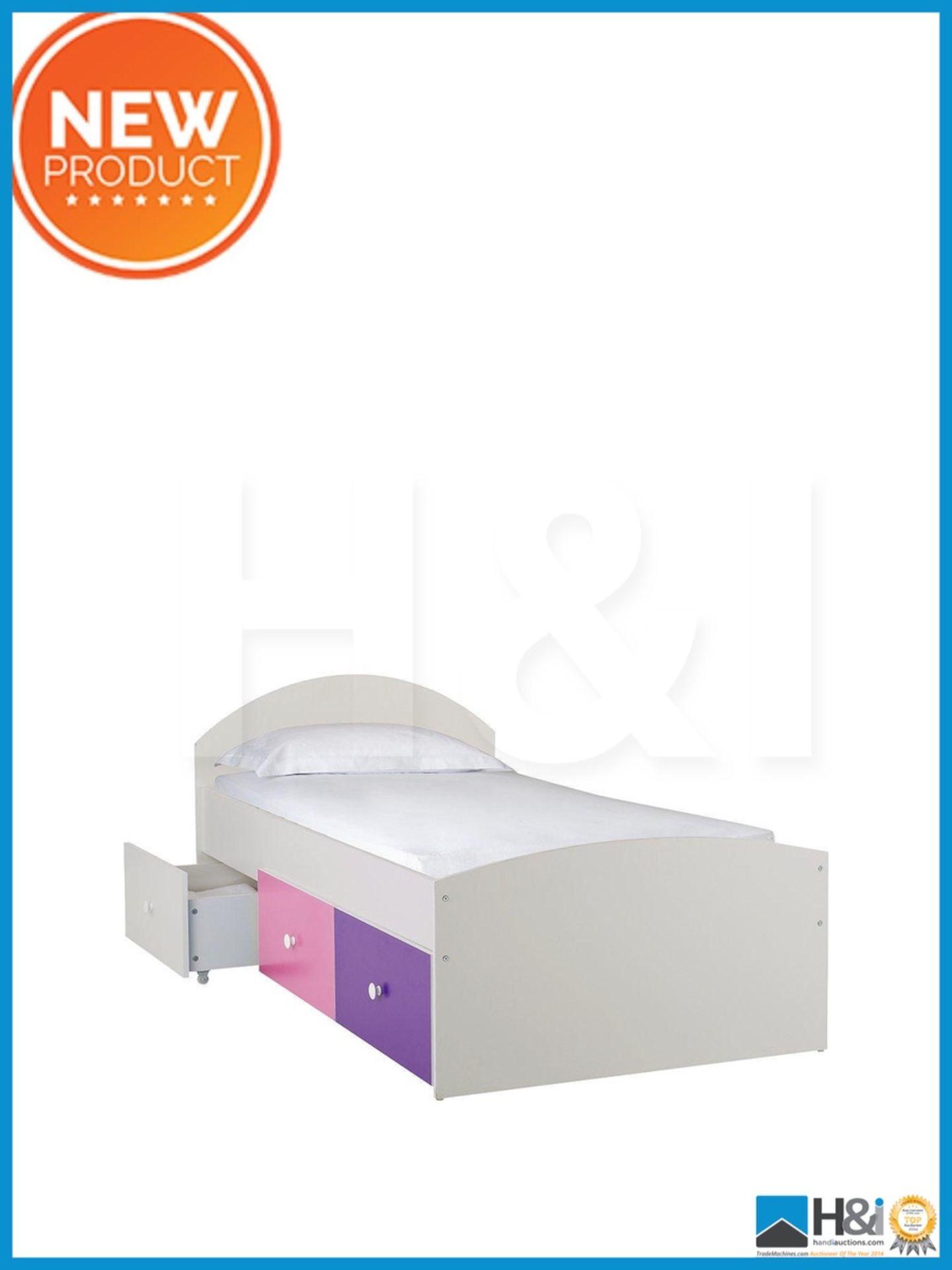 NEW IN BOX METRO SINGLE 3DRAWER STORAGE BED [WHITE/PURPLE] 74 x 99 x 194cm RRP £246 Appraisal: