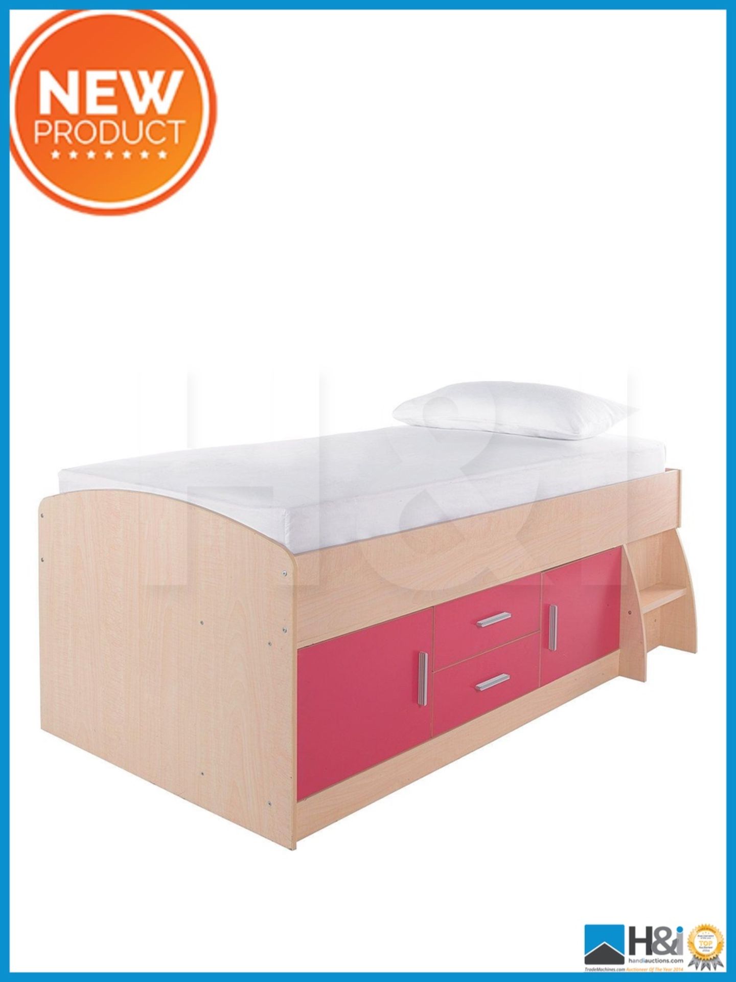 NEW IN BOX JERSEY SINGLE 2DOOR 2DRAWER CABIN BED [OAK/PINK] 75 x 98 x 195cm RRP £246 Appraisal: