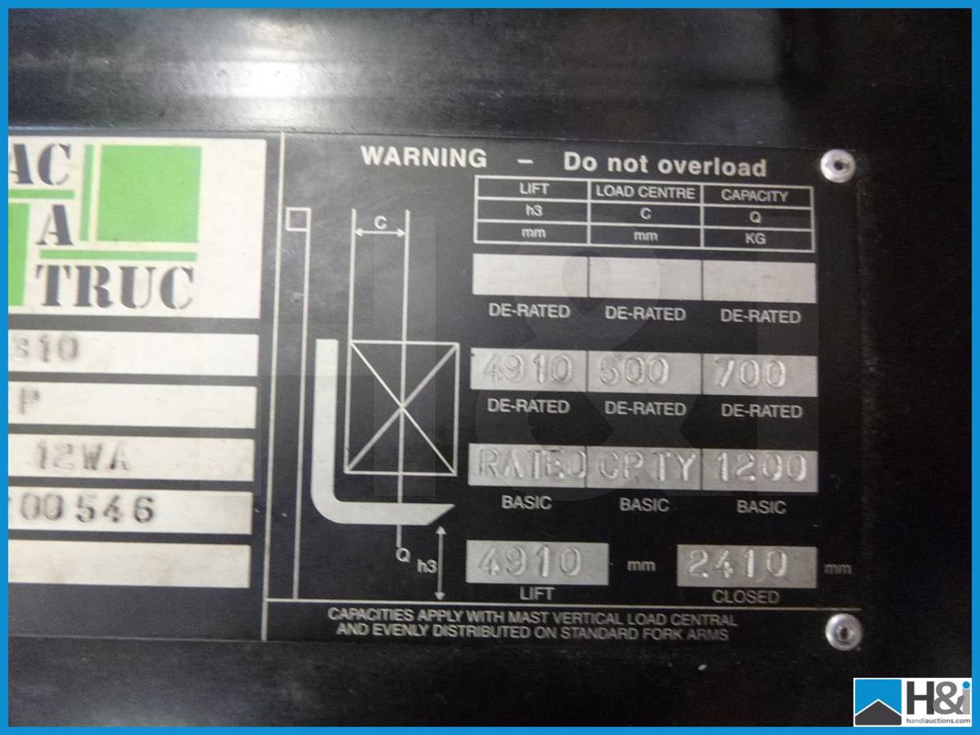 STAK-A-TRUC ES12 12WA, PEDESTRIAN ELECTRIC FORKLIFT TRUCK, 93 HOURS ONLY, SERIAL NUMBER 324200546, - Image 3 of 7