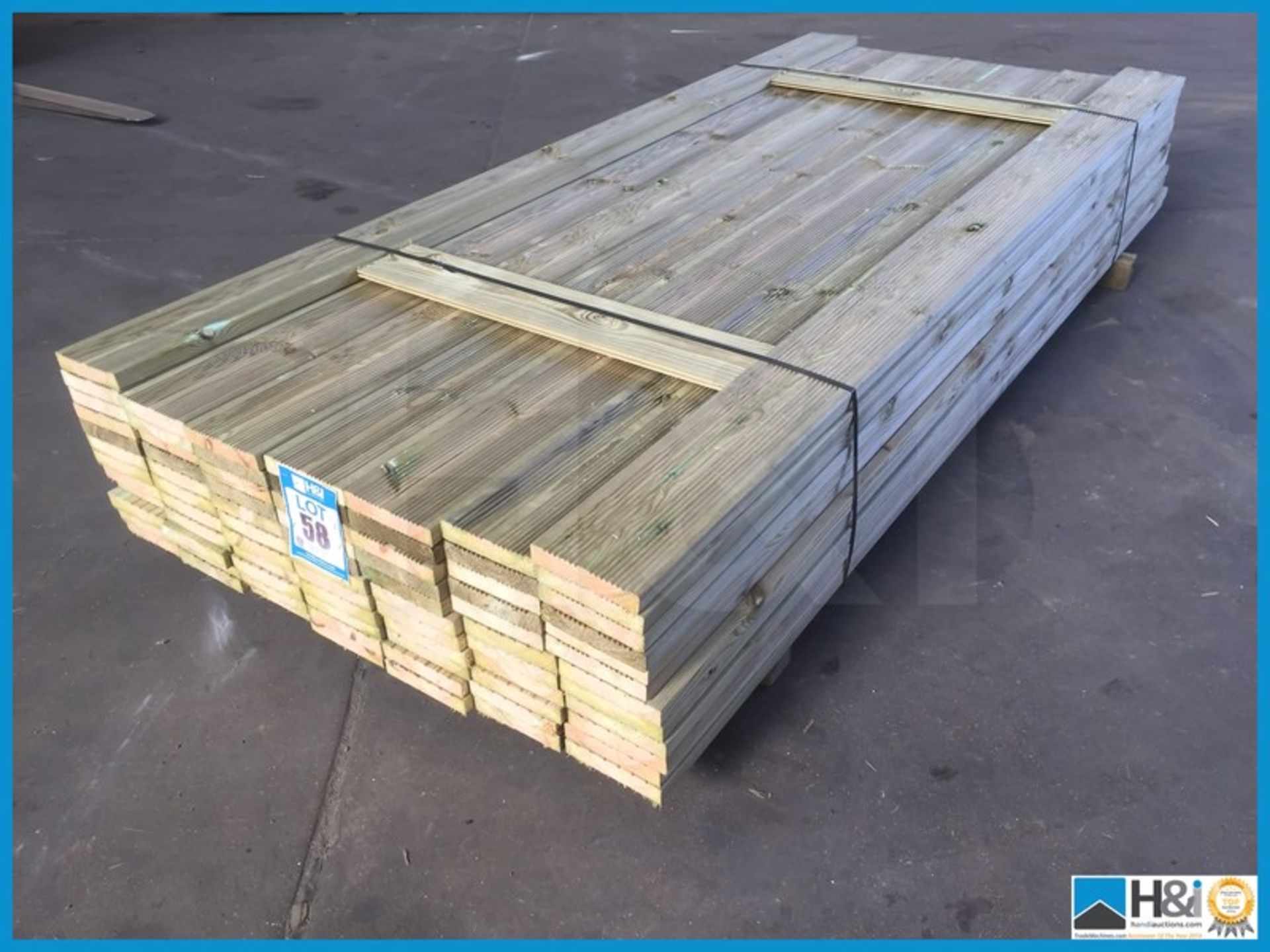 79 lengths of tanalised 32x150 decking in approx. 2.4 metre lengths. Enough to cover 28m2 Appraisal: