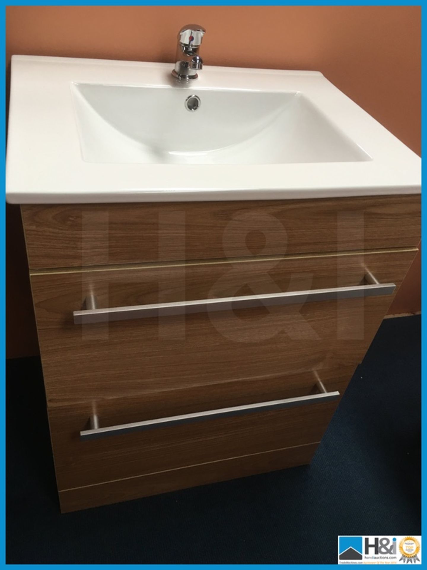 Beautiful floor standing 620x470 double drawer vanity unit in oak finish with ceramic basin and