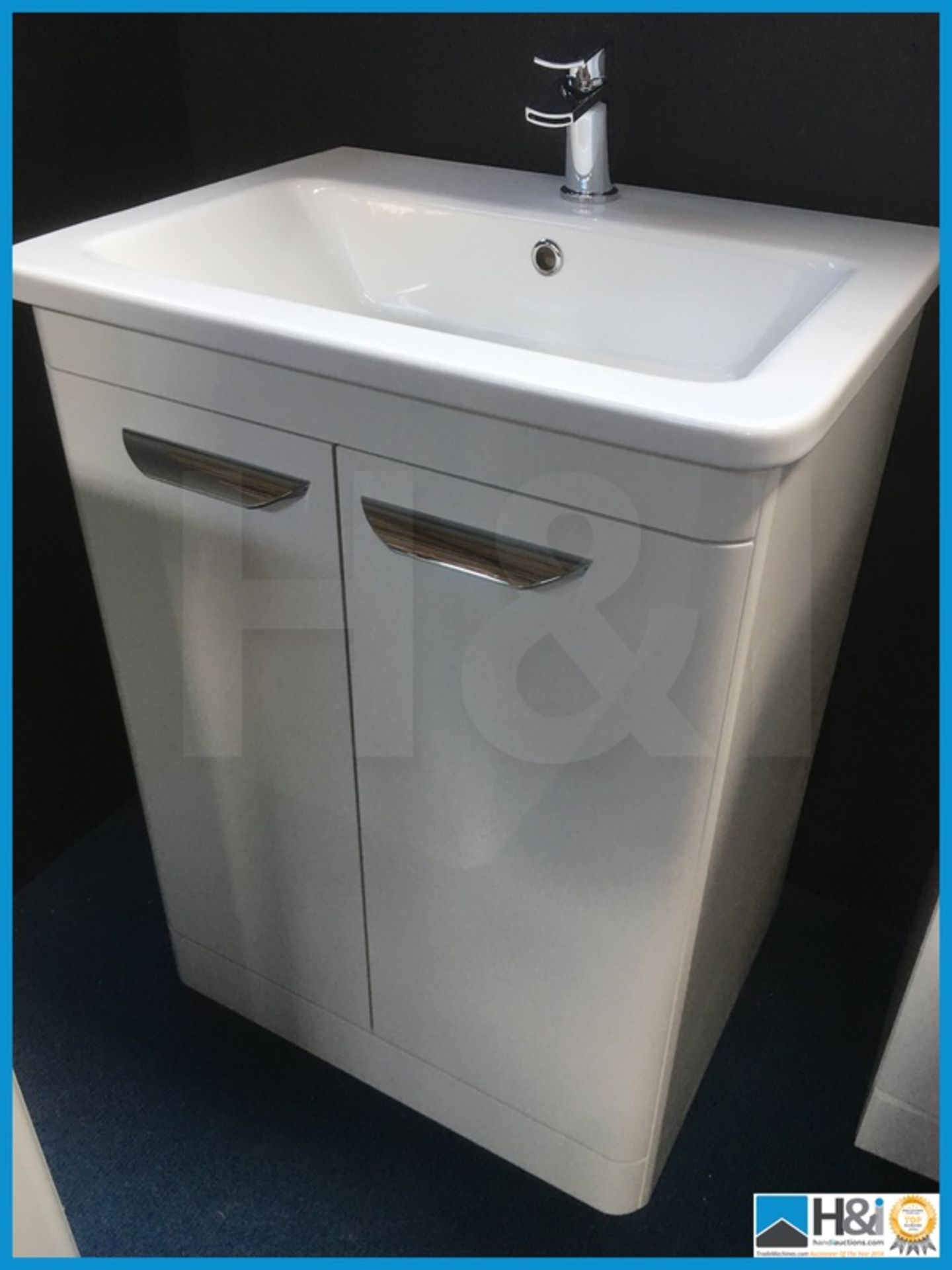 Stunning designer floor standing double door gloss white vanity unit with ceramic basin and designer