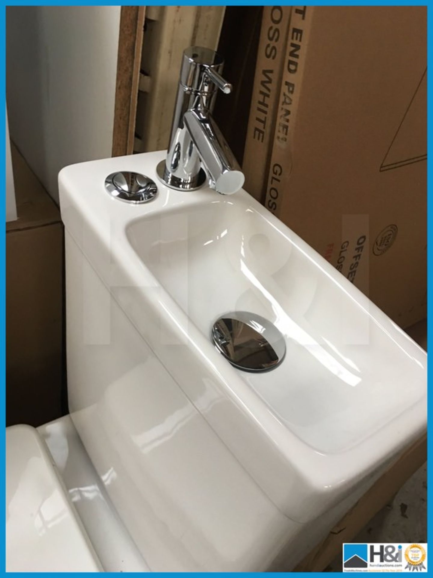 Beautiful designer Cooke and Lewis cloakroom toilet with inset basin, polished chrome tap and soft - Image 2 of 5