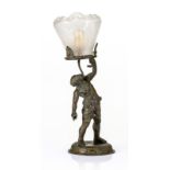 Dionysos- scupture en bronze formant lampe- figuré debout portant un globe évasé à décor dégagé à
