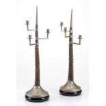 Paire candélabres à 3 feux en métal et bois d'oryx- bobèches orientables- h. 80 cm
