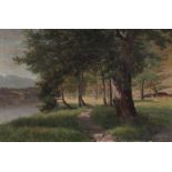 Rudolf von Moos (1858-1885)- Clairière au bord du lac- huile sur toile- signée- 38x57 cm /