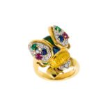 Bague coccinelle 2 ors 750 le corps émaillé- les ailes serties de diamants- rubis- saphirs et