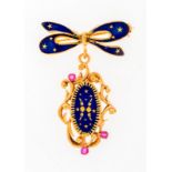 Broche en or 750 sertie d'émail bleu et rubis- h. 4 cm- 8g (léger manque à l'émail)