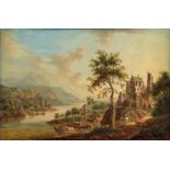 Ecole germanique vers 1800- Paysage lacustre animé- huile sur toile- 38x57 cm /