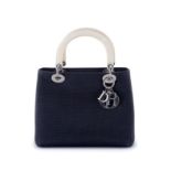 Christian Dior- sac Lady Dior en toile anthracite- poignées rigides en corne écrue- 20x23 cm /