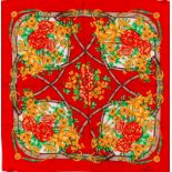 Lanvin- 1 carré vert/jaune pastel et 1 carré Courrège fleurs sur fond rouge- 1 boîte Lanvin
