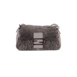 Fendi- petit sac Selleria Forever Mama en astrakan gris et cuir gris métallisé- housse- 13x22 cm /