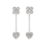 Paire de pendants d'oreilles coeurs et fleurs en or gris 750 sertie de diamants taille brillant-