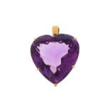 Pendentif coeur en or 750 serti d'une améthyste taille coeur (env. 35 ct)- sur 1 chaîne en or 750