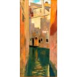 René Genis (1922-2004)- La porte sur l'eau- Venise- huile sur toile- signée- contresignée sur le