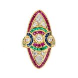 Bague marquise 2 ors 750 sertie de rubis- saphirs- émeraudes taille carré et diamants taille