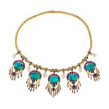 Collier en or 750 et argent serti de turquoises cabochon entourées de rubis- diamants et saphirs-