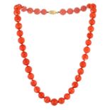 Collier 1 rang de billes de corail (env. 11 mm)- fermoir en or 750- long. 50 cm / A coral beads