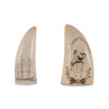 2 dents de cachalots gravées ou scrimshaw- côte nord-est américaine- fin XIXe s.- l'une figurant
