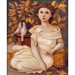 Philippe Henri Noyer (1917-1985)- Jeune fille aux colombes- huile sur toile- signée- 72x59 cm /
