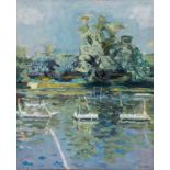 Maurice Brianchon (1899-1979)- Bateaux amarrés sur la rivière- huile sur toile- signée- 65x54