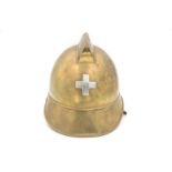 Casque de sapeur-pompier suisse en laiton- fin XIXe s. - 1ère moitié XXe s.- croix suisse en