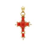 Pendentif croix en or 750 serti de cabochon de corail et perles de culture- h. 5.5 cm- 7g