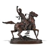 Pierre-Jules Mène (1810-1879)- d'après- Fauconnier arabe à cheval- bronze patine brune- 67x55x24