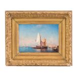 Ecole italienne du XIXe s- Bateau sur le Grand Canal- Venise- huile sur panneau- 24-5x35 cm /