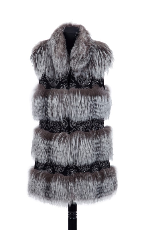 Philipp Plein- gilet en renard argenté à bandes horizontales alternées de daim d'agneau noir brodé