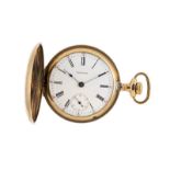 Waltham- montre de poche savonnette en métal doré petite seconde- mécanique- cadran blanc émaillé-