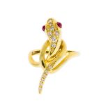 Bague serpent en or 750 sertie de diamants taille brillant et rubis cabochon- doigt 52-12