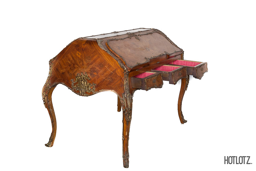 A FRENCH LOUIS XV STYLE MARQUETRY AND ORMOLU MOUNTED DOUBLE BUREAU